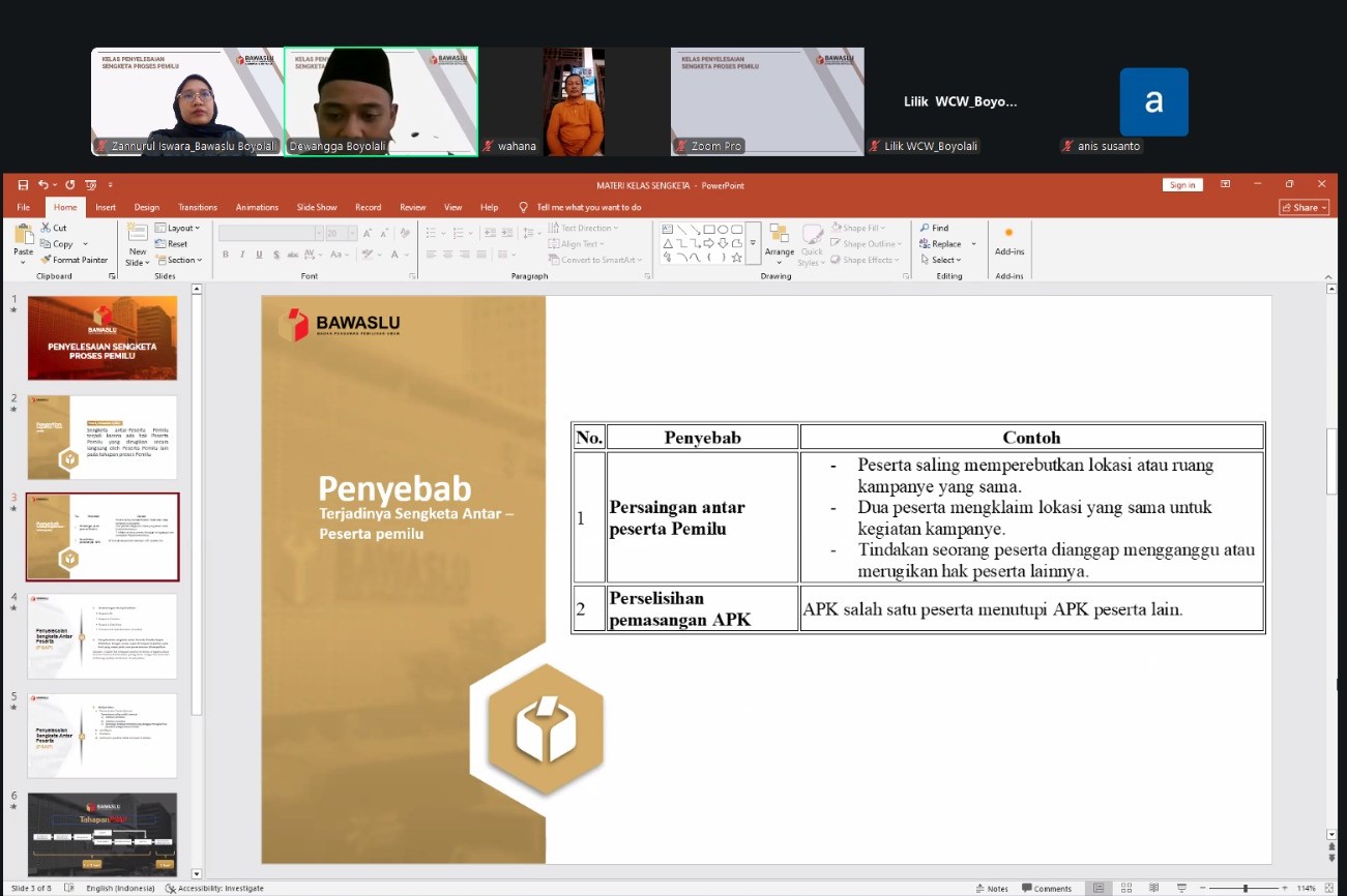 Jajaran Bawaslu Boyolali saat menyampaikan materi kelas sengketa melalui zoom.